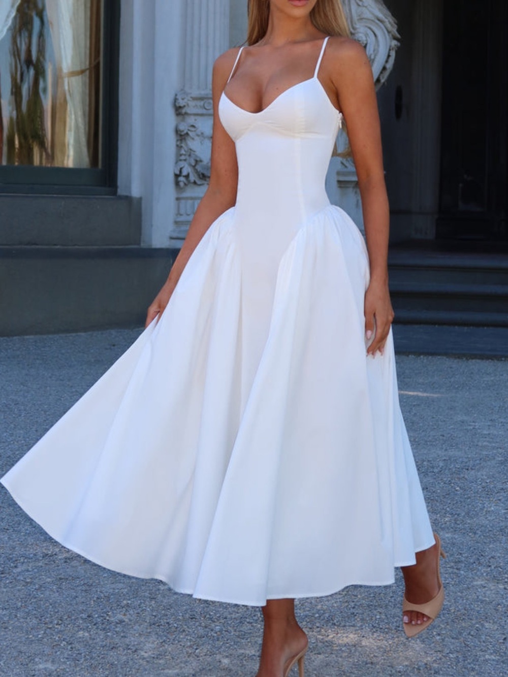 Elegant White Spaghetti-Strap Midi Dress by